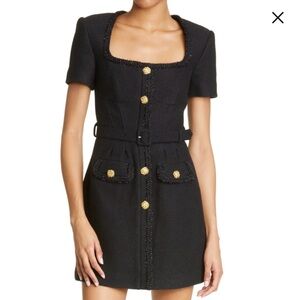Self Portrait black tweed mini dress short sleeve gold button size 4 US
